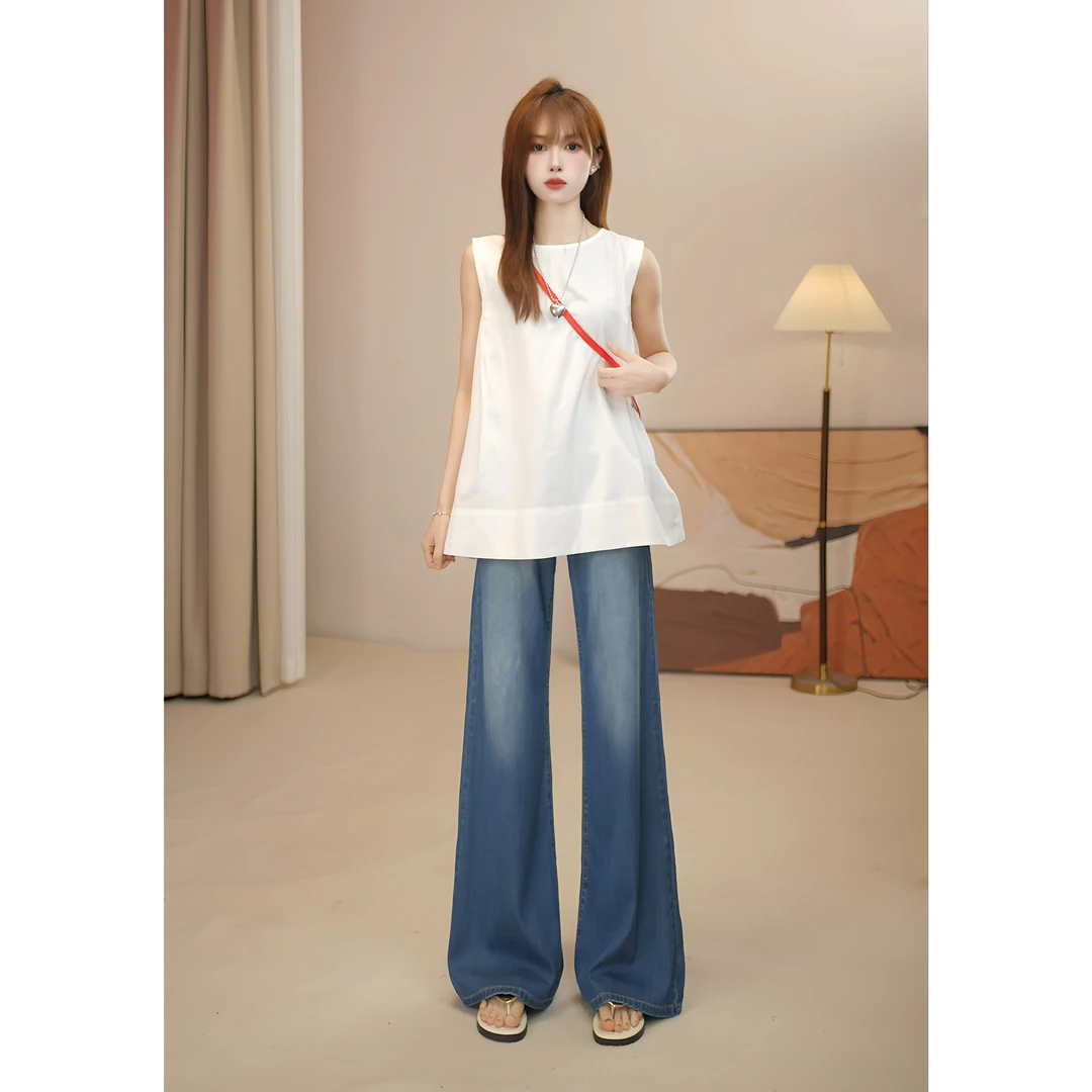 863欧若风天丝弹力牛仔裤女夏新款高腰阔腿垂感小个子百搭微喇裤