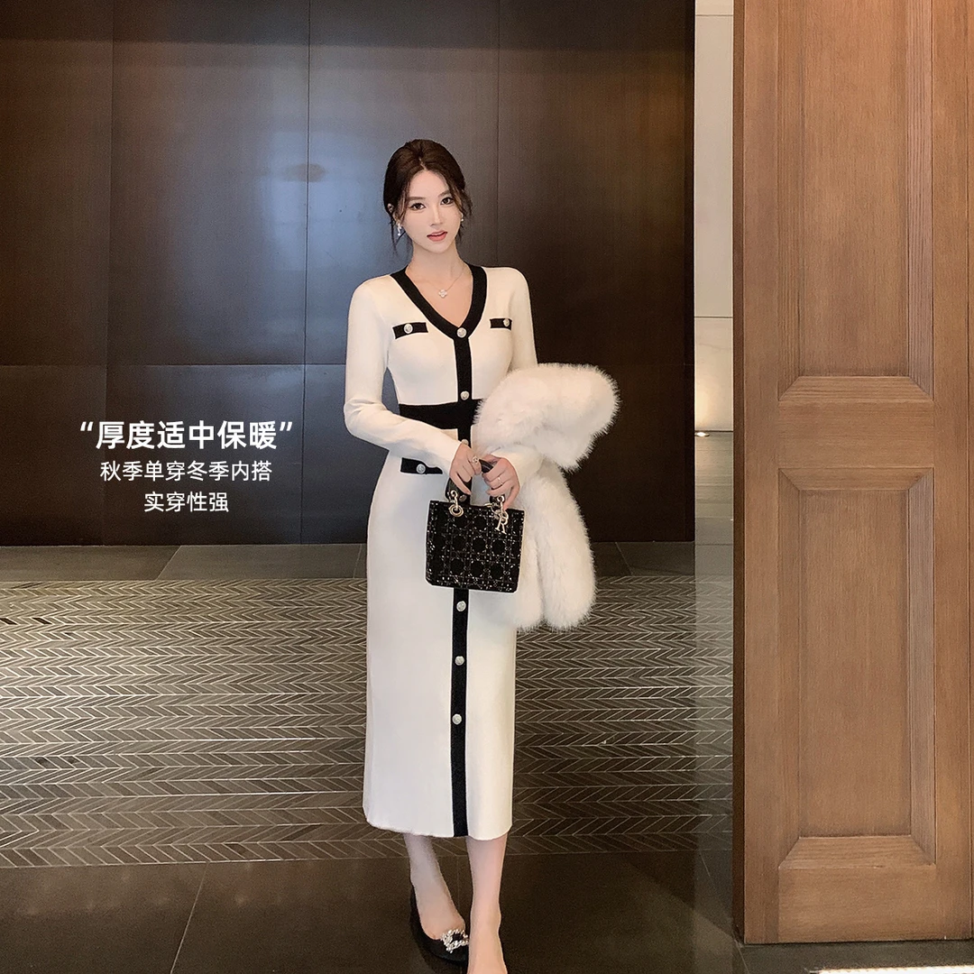 林关关【黑白缪斯】法式优雅贵气小香风针织连衣裙秋冬百搭显瘦长裙