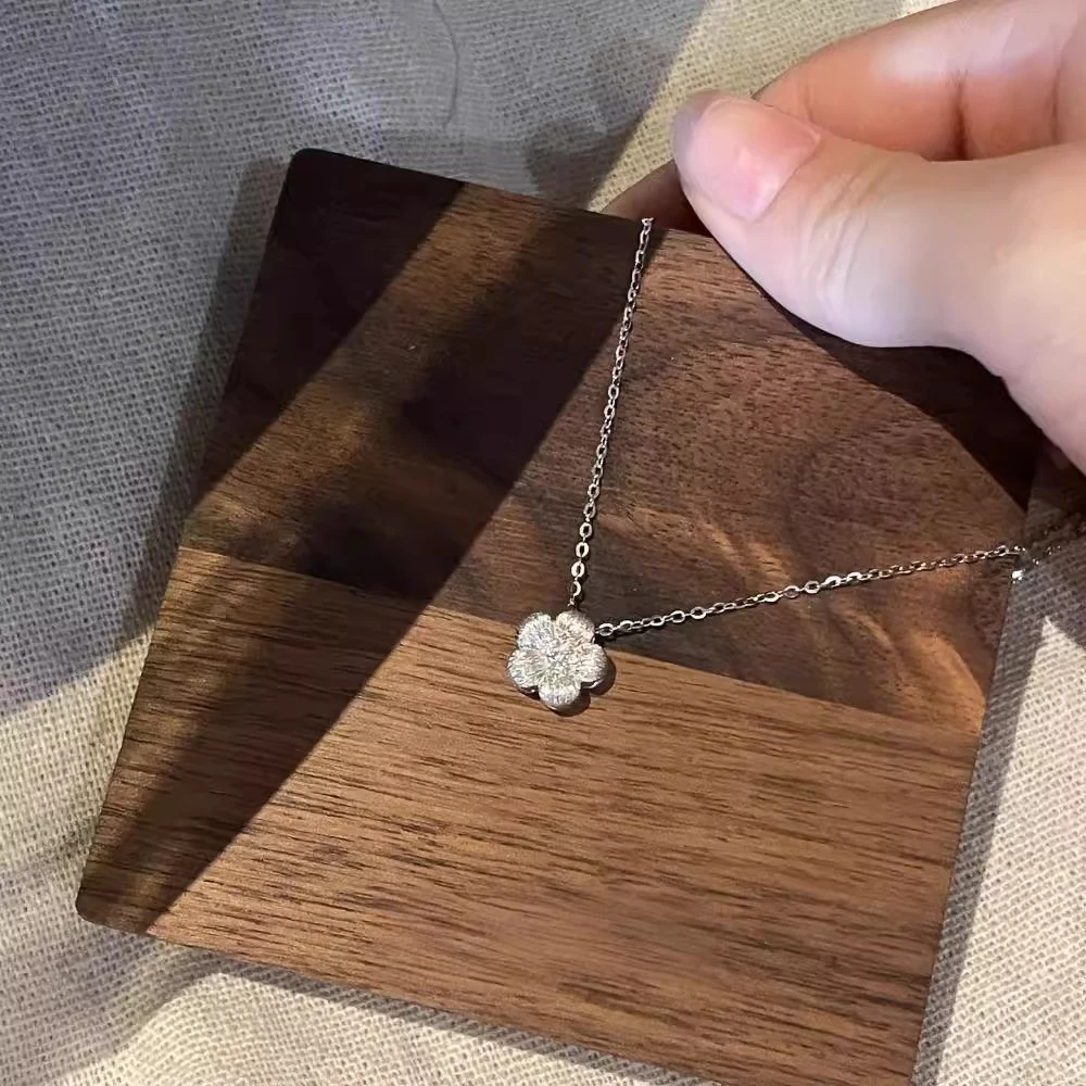 铜合金项链 AL7011 韩系清冷感银色拉丝花朵双面可戴项链