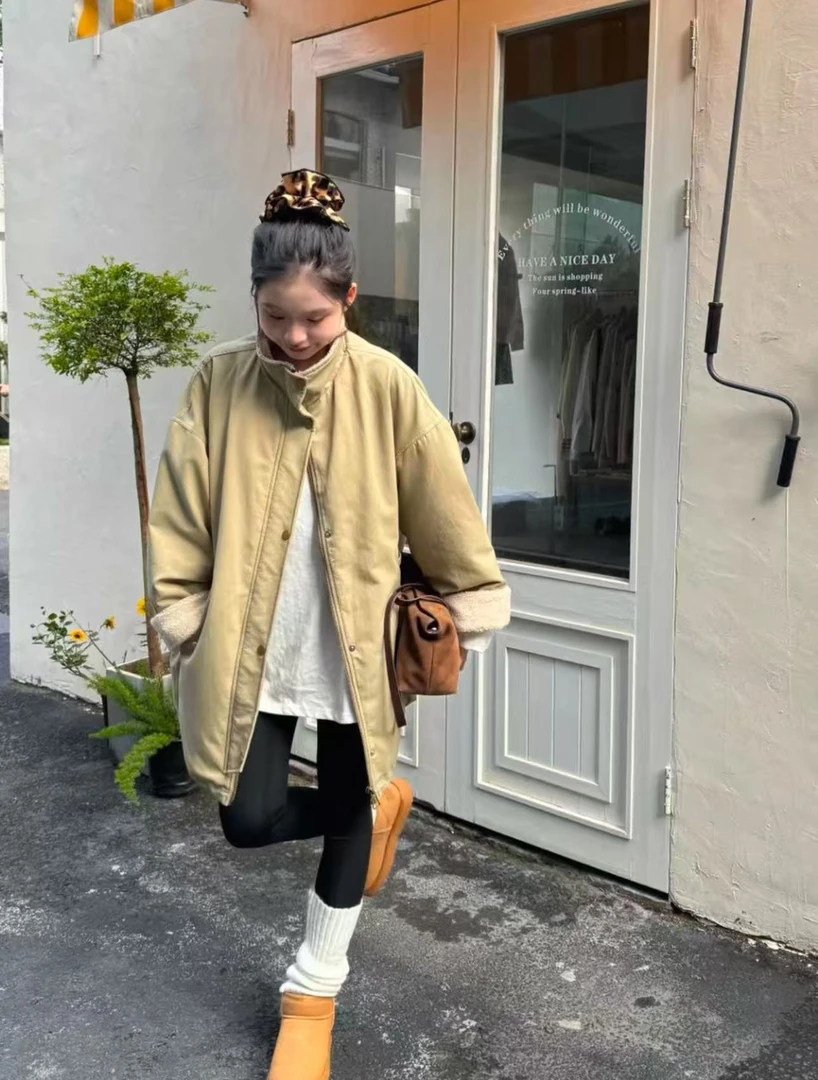 法式立领中长款加厚保暖外套女秋冬季2024新款设计感宽松显瘦上衣