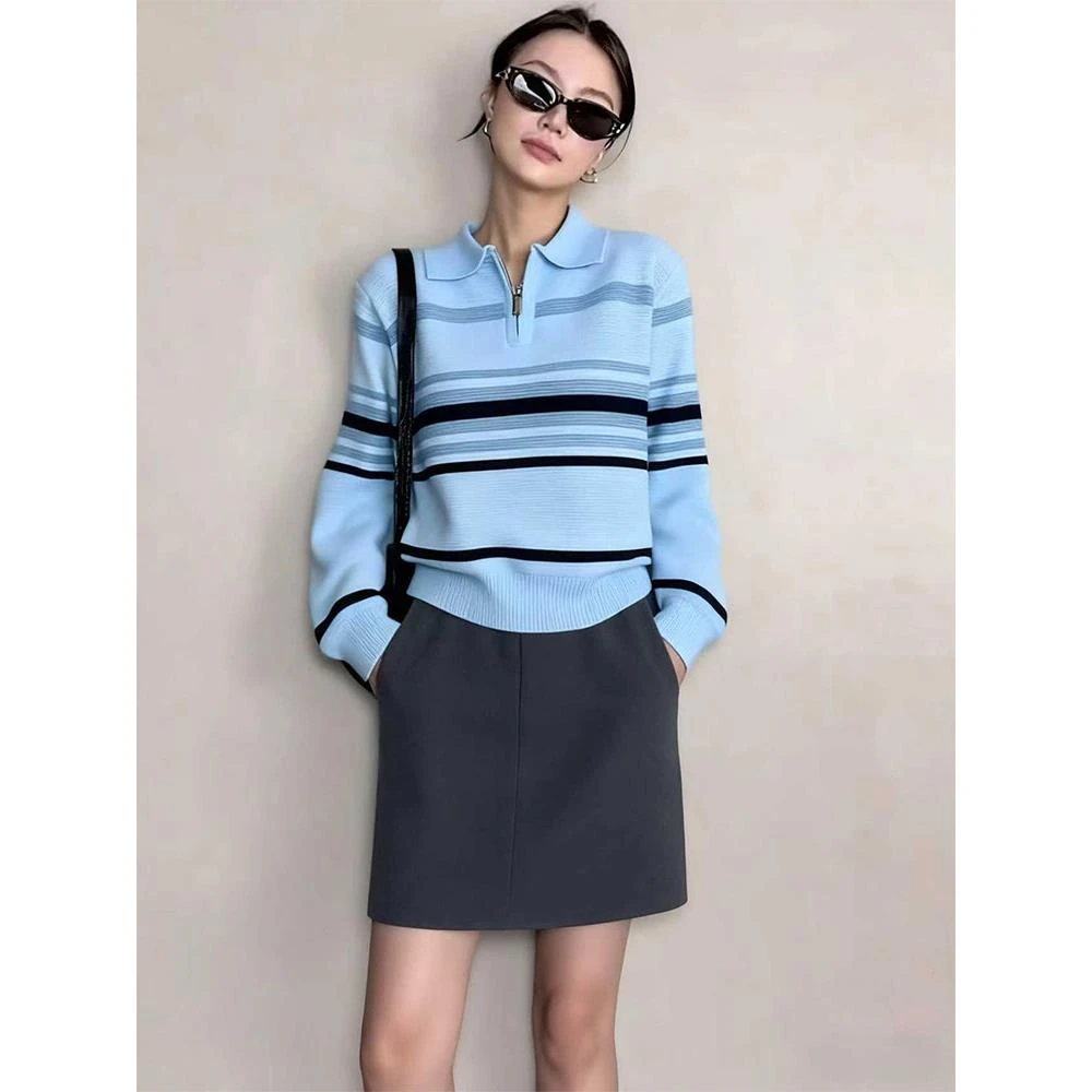 miu系独特超好看蓝色条纹针织衫女秋季高级感时尚小个子毛衣上衣