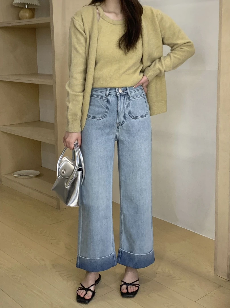 88692#新款翻边女士直筒裤