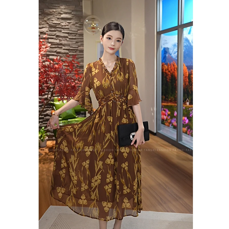 预售2025夏季新款【Q-X342】时尚高级感气质修身显瘦黄色连衣裙