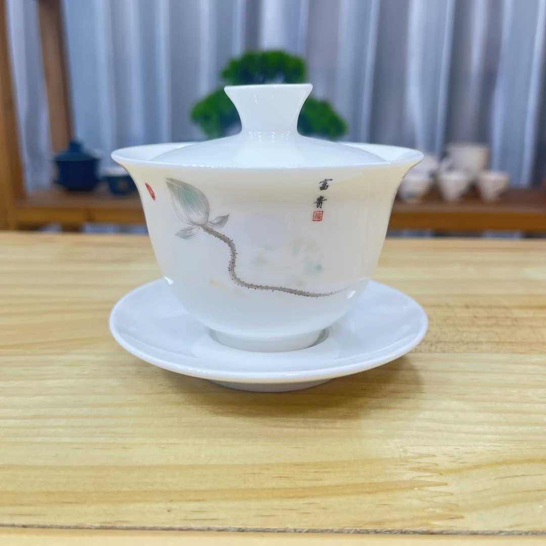 新号福利 富贵三才盖碗羊脂玉白瓷陶瓷家用荷花茶备