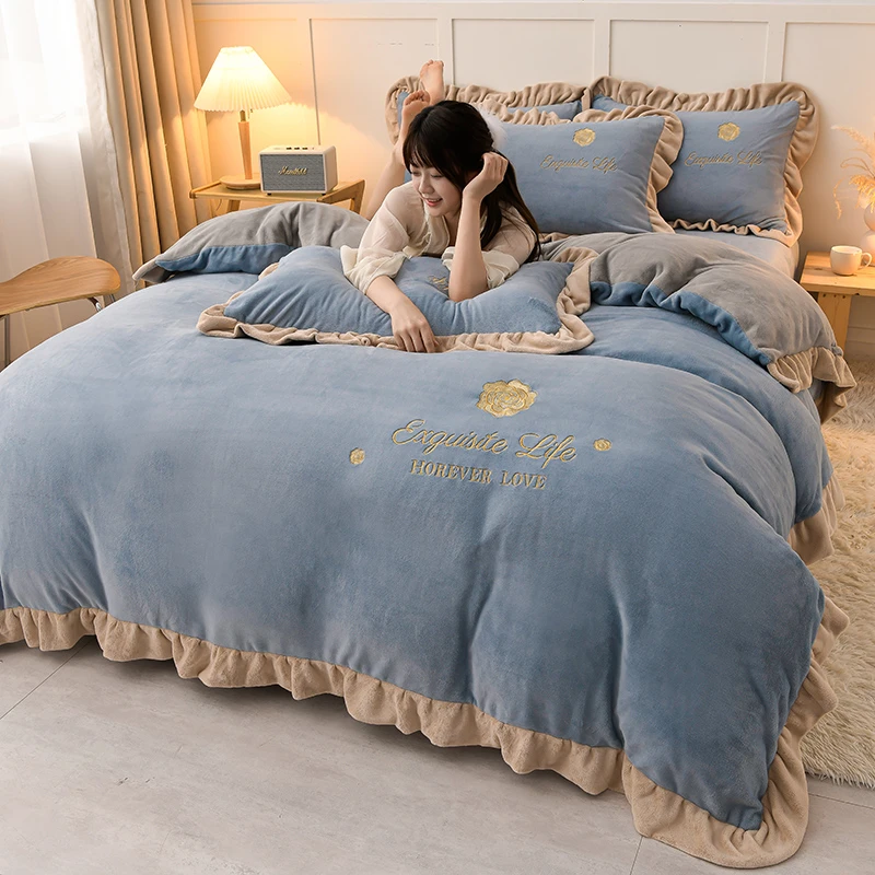 水星高端适用家纺2025韩式风秋冬新款纯色双层花边牛奶绒四件套床