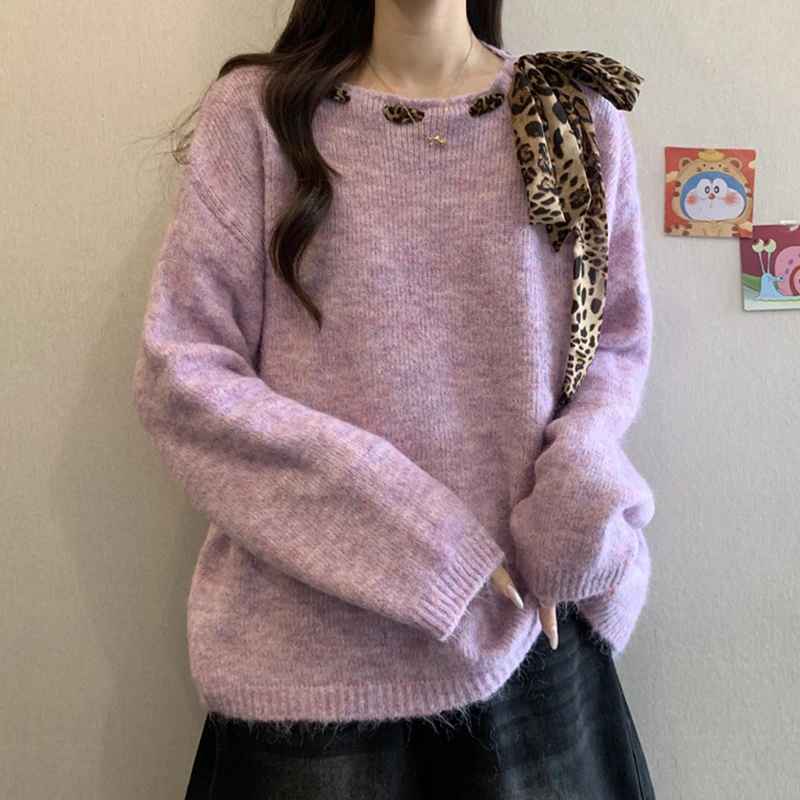 温柔慵懒风豹纹绑带紫色毛衣女2025年新款秋冬宽松套头针织衫上衣