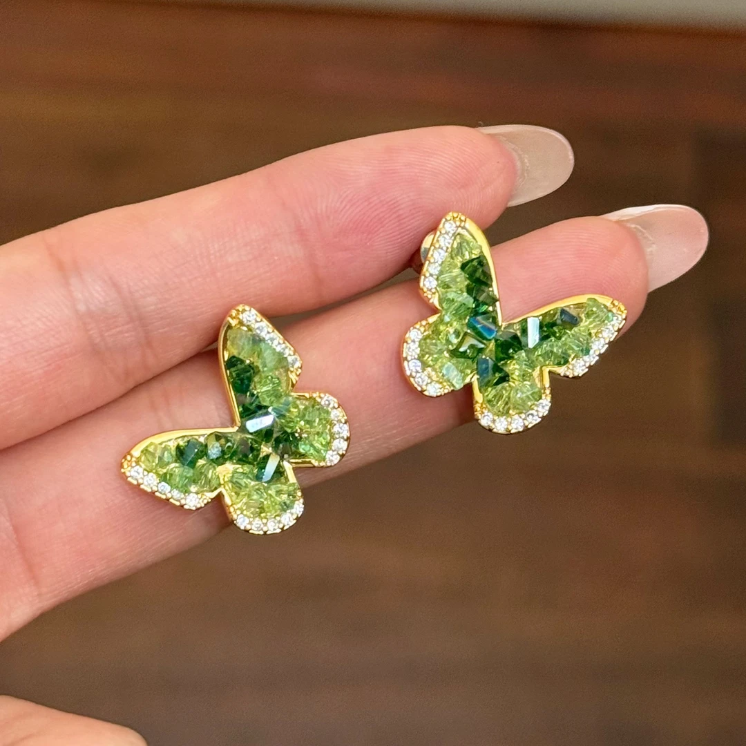 铜合金合成锆石耳饰 E0589 东大门绿色蝴蝶亮晶晶高系清新耳钉