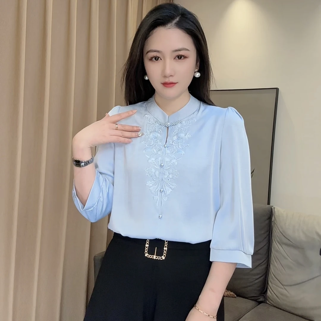 2132春季新款盘扣刺绣纯色上衣七分袖显瘦洋气时尚百搭衬衫女