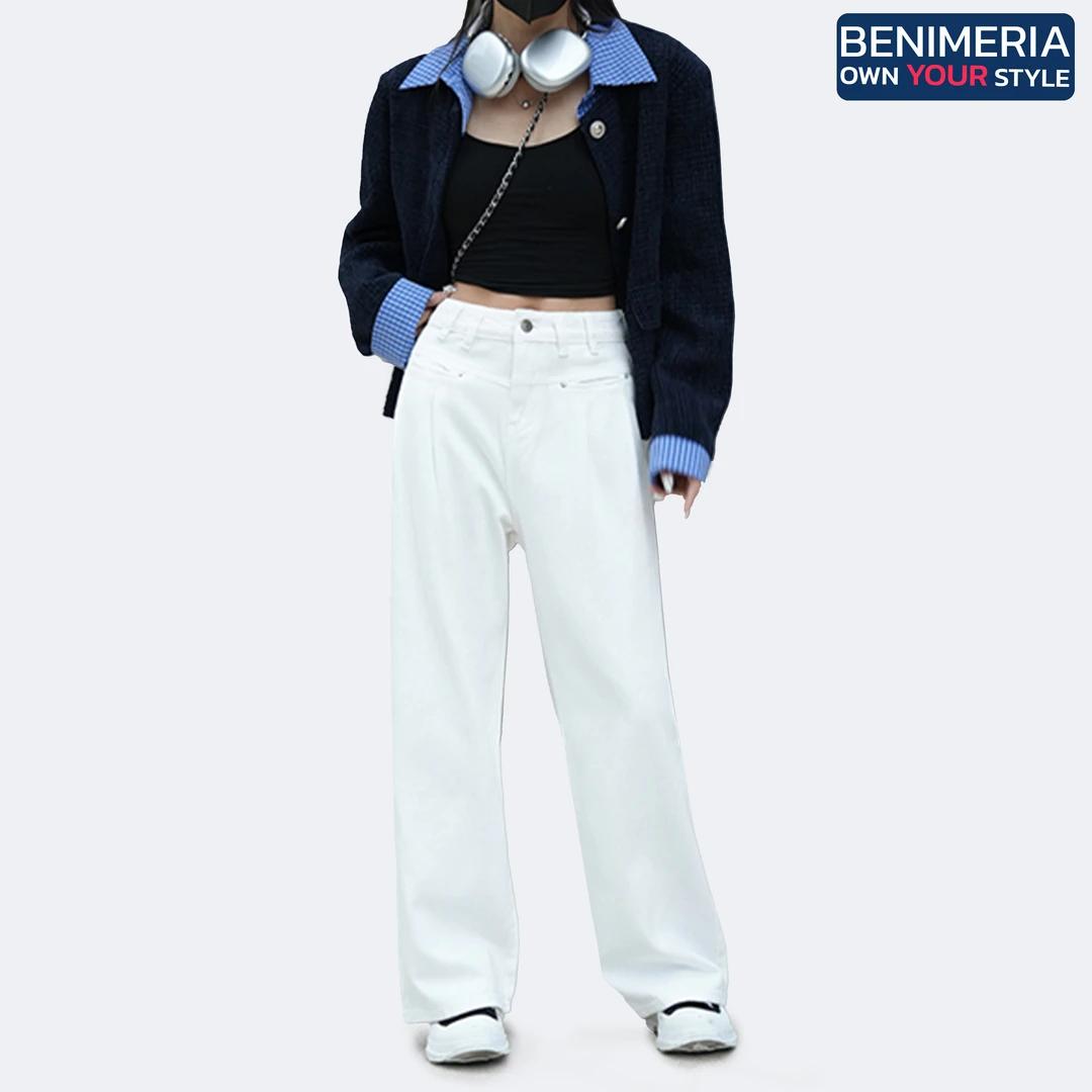 Benimeria/贝妮雅-褶皱牛仔裤女春秋季加厚显瘦高腰直筒阔腿宽松