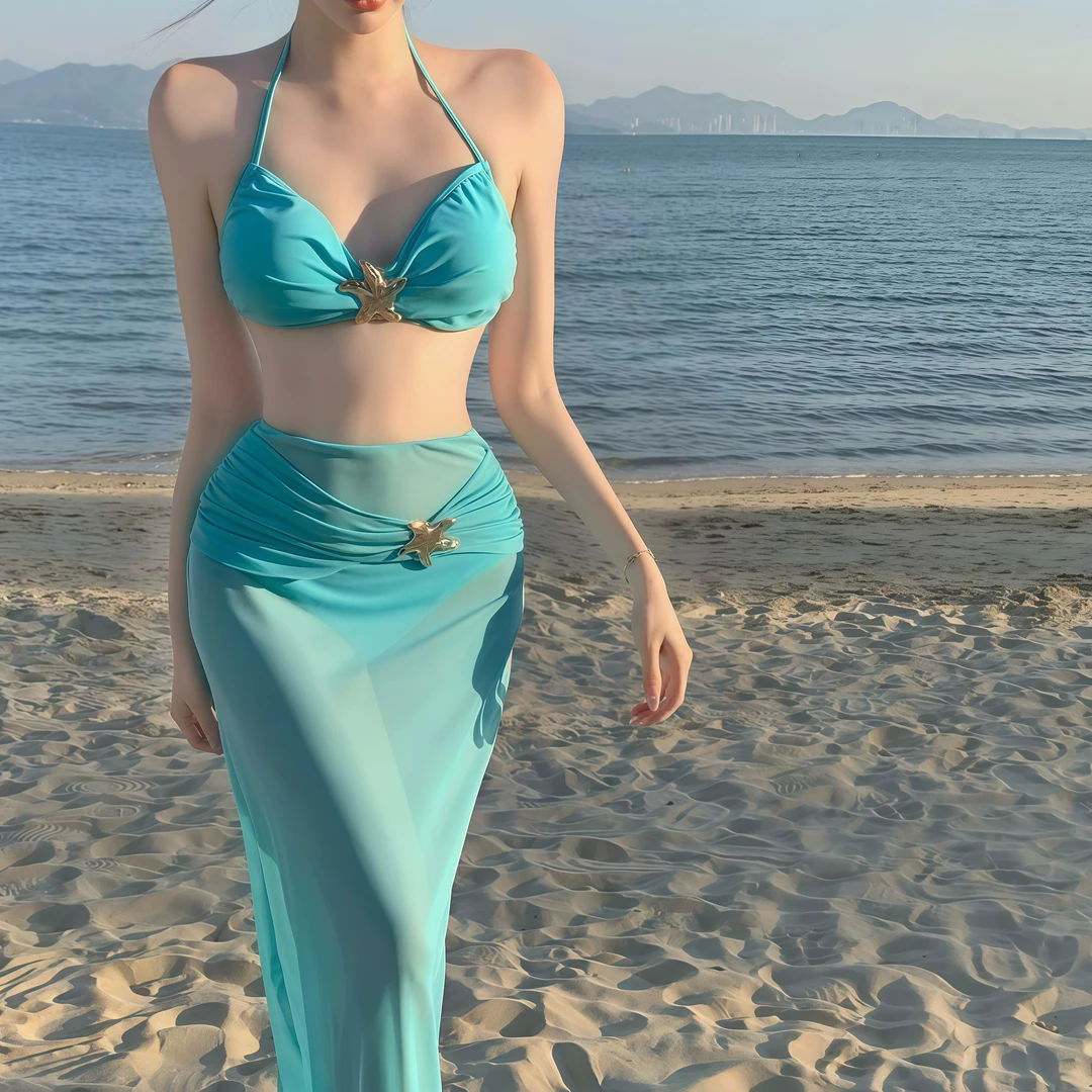 OneTwo【海洋之星】长裙网纱蓝比基尼聚拢温泉度假泳衣女辣妹纯欲