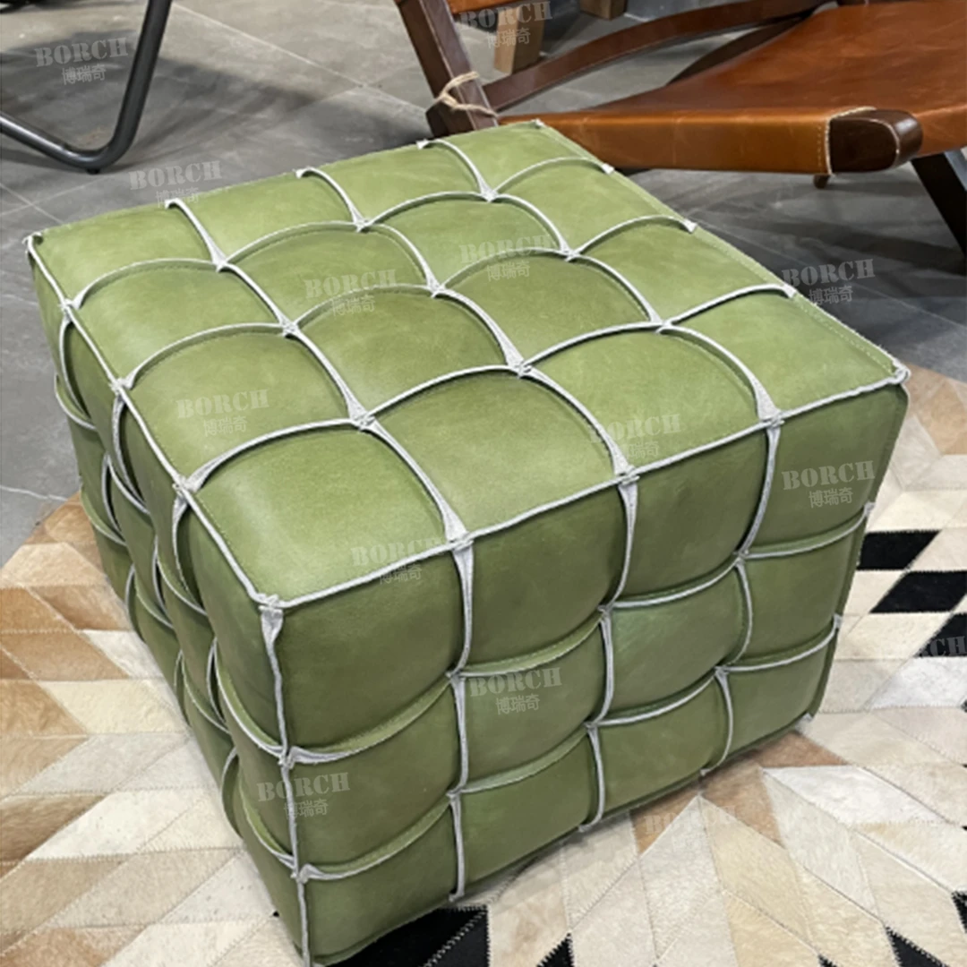 BORCH/博瑞奇真皮绿色魔方凳中古风创意方块皮墩换鞋凳坐凳07160