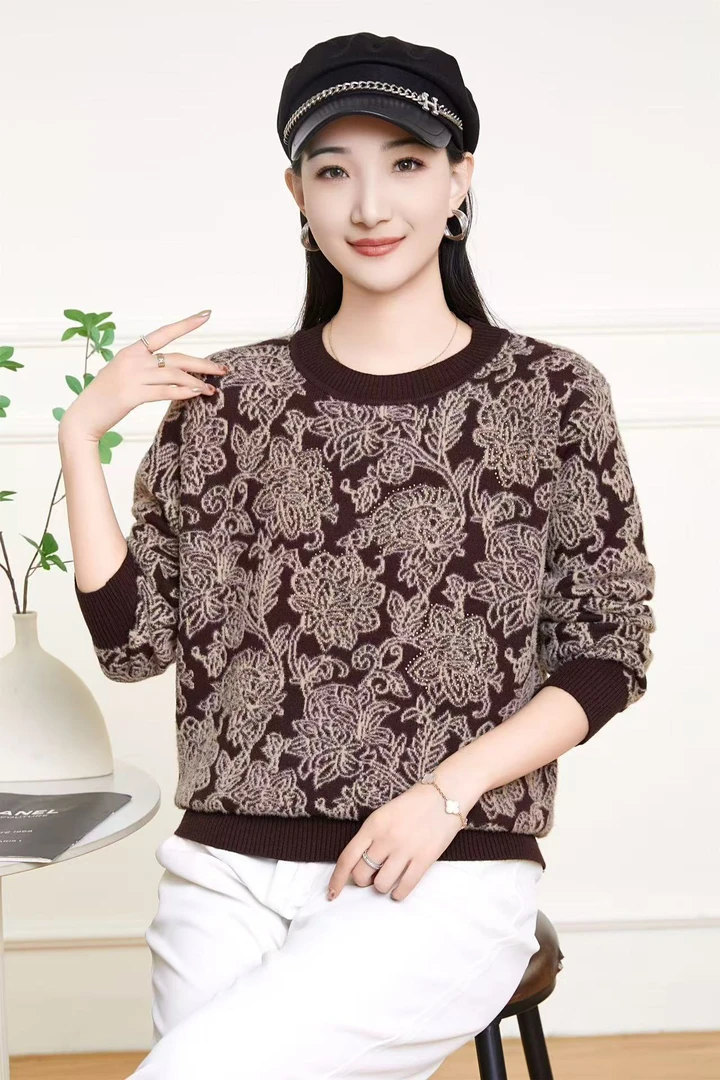佩兰妃#中年妈妈提花加绒打底衫秋冬圆领宽松针织上衣#2412