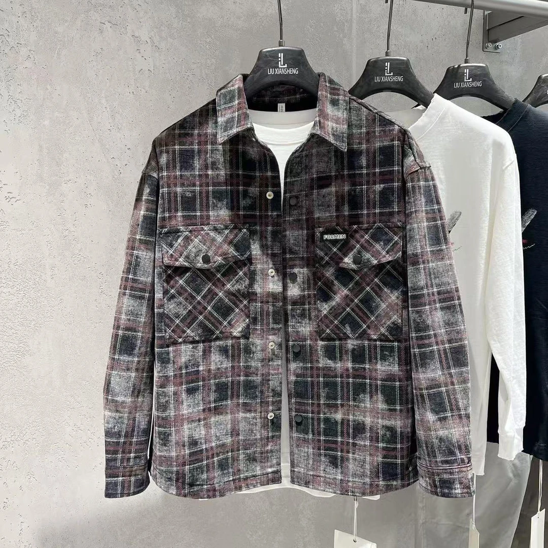 男装实体同款潮牌春秋大码翻领格子长袖衬衫男生痞帅潮流休闲衬