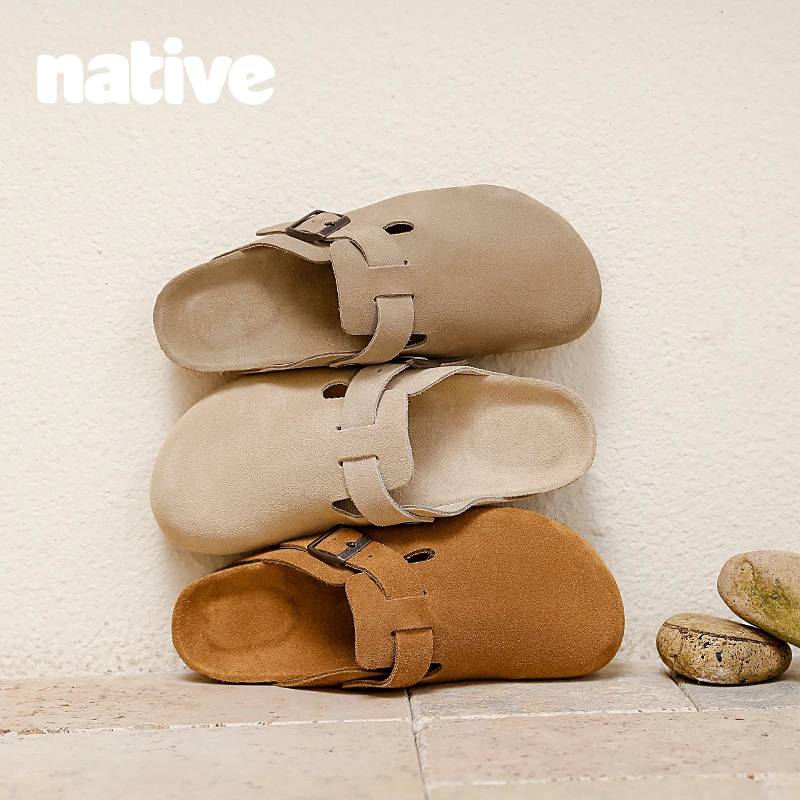 native2025升级勃肯鞋真皮内增高厚底3.5CM勃肯鞋牛皮包头拖男女
