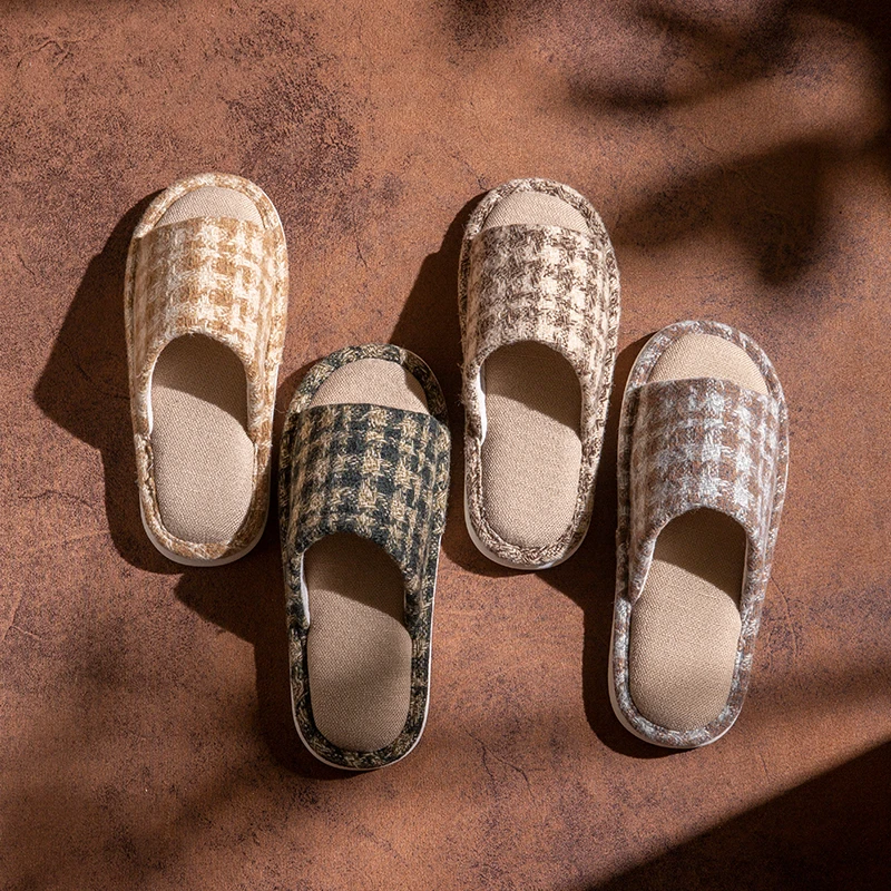 简约四季亚麻拖鞋男女春秋2025新款家用静音时尚毛绒保暖格子拖鞋