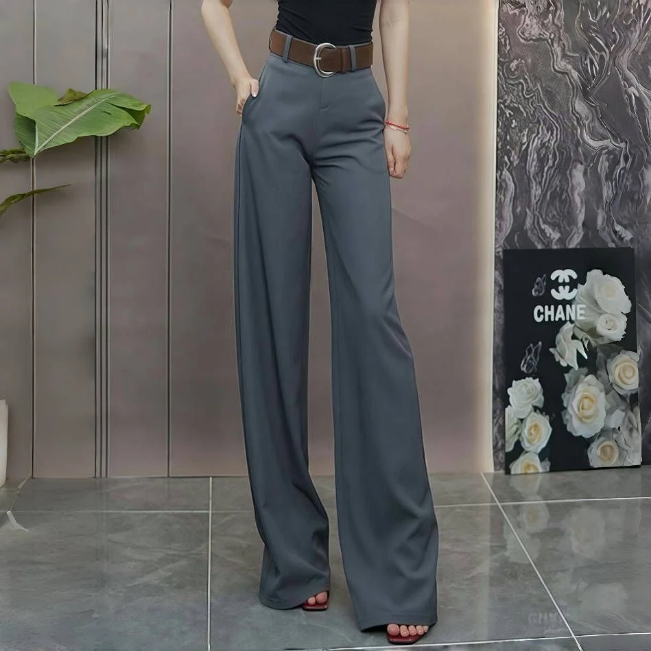 【送腰带】灰色窄版阔腿裤女春秋梨形身材裤子高腰休闲直筒裤西装裤