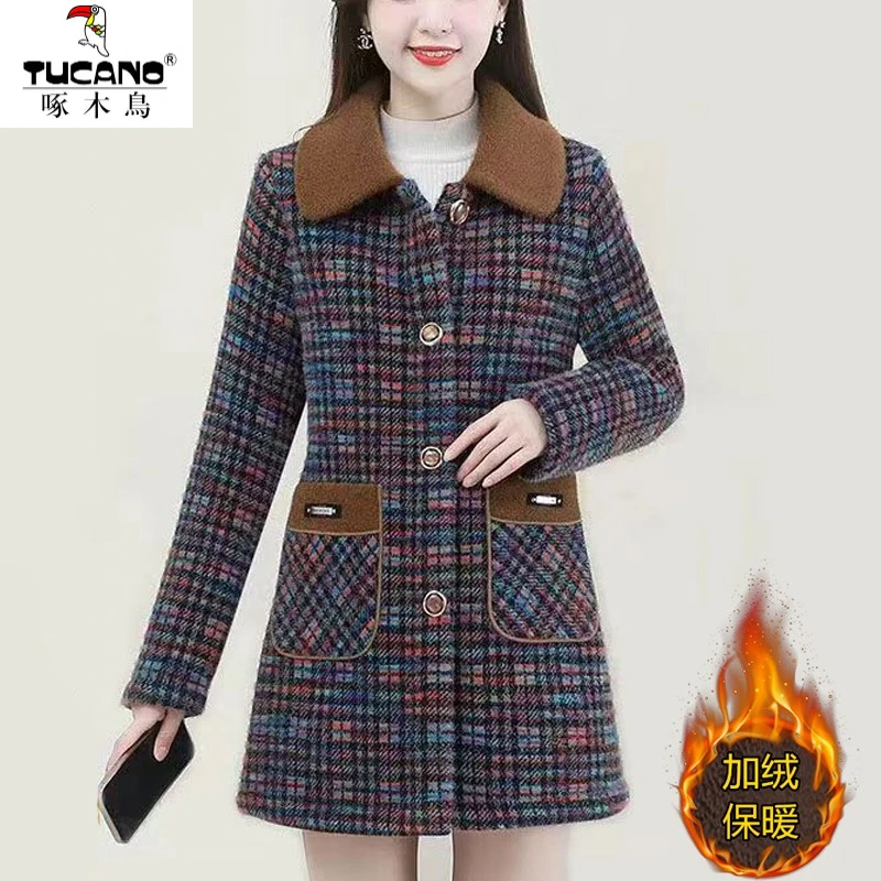 啄木鸟妈妈秋冬装毛呢外套中老年女加绒加厚高贵显瘦水貂绒翻领保