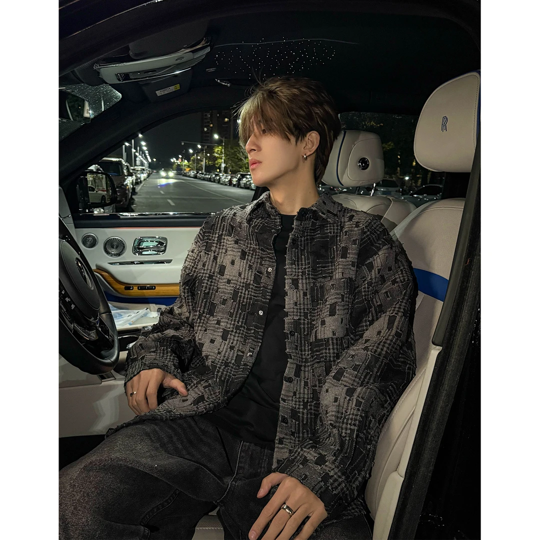 S123美式镂空棋盘格设计感衬衫春季流苏拼接撞色宽松情侣衬衣外套