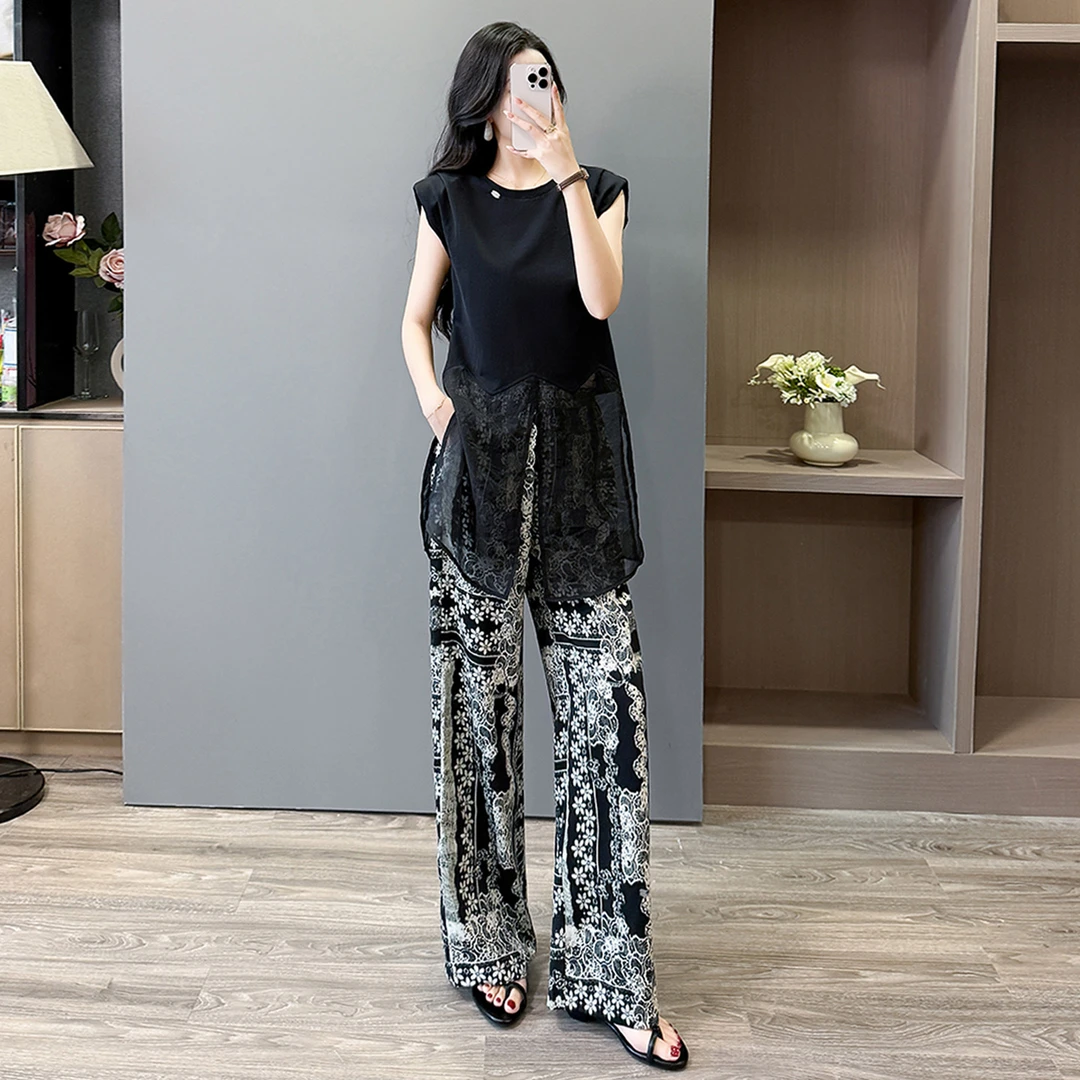 高级感时尚休闲套装女夏新款圆领网纱拼接上衣阔腿碎花长裤两件套
