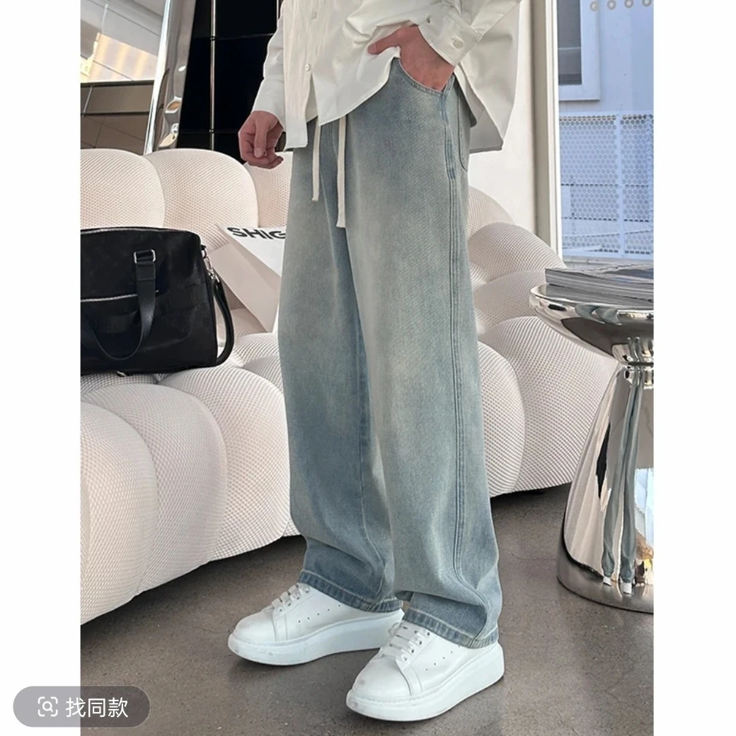 【时尚起易】春季休闲直筒浅色牛仔裤显瘦宽松百搭水洗长裤男士