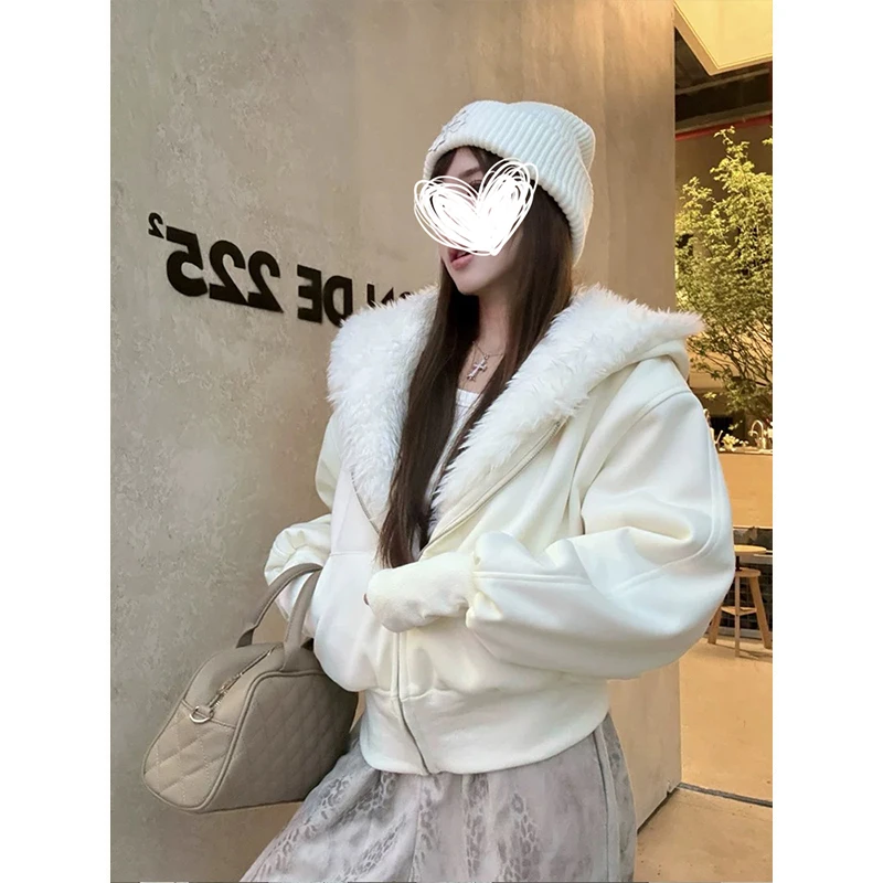 杏色毛领短款外套冬季休闲秋冬慵懒宽松加绒保暖卫衣上衣连帽加厚