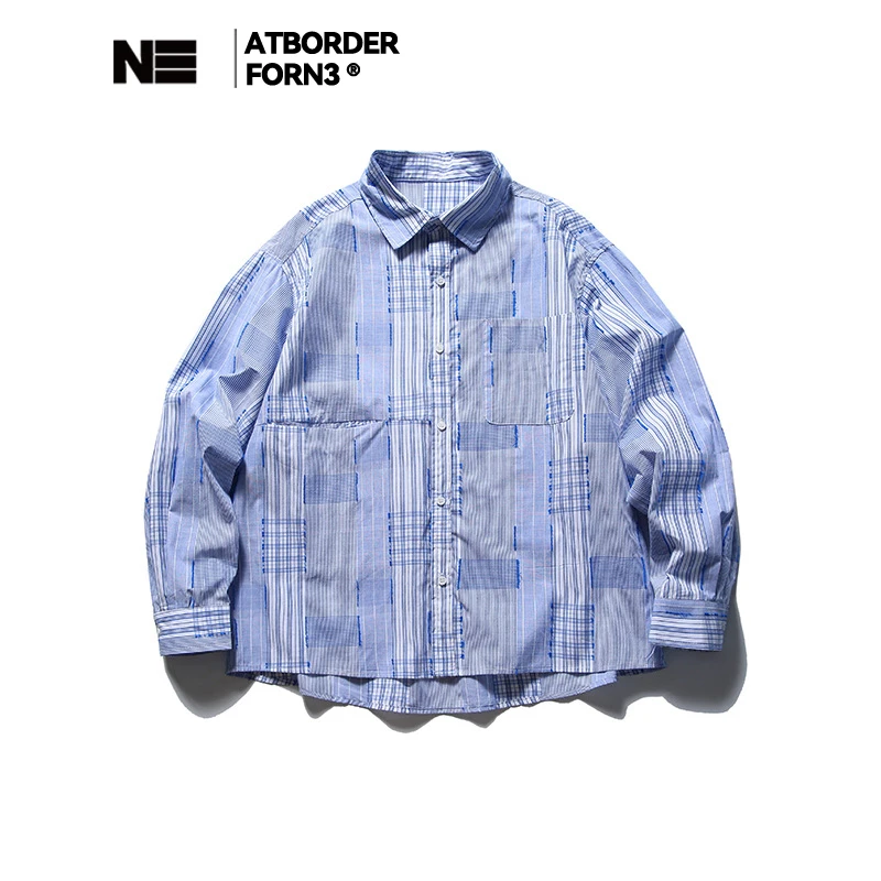 ATBORDER 春季口袋装饰翻领新款衬衫男日系复古格纹开衫长袖衬衣