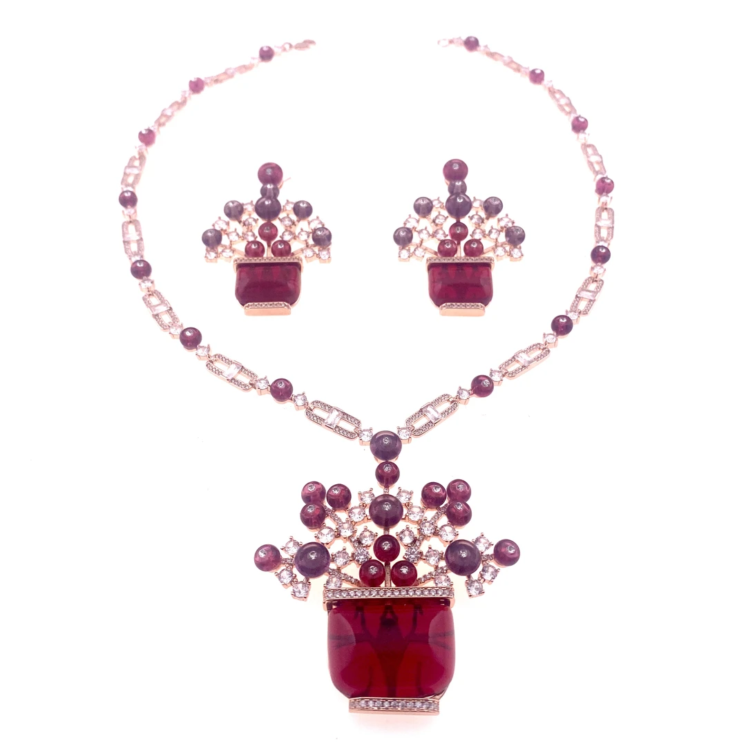 铜合金锆石项链 N66法式艺术花盆设计款坠链