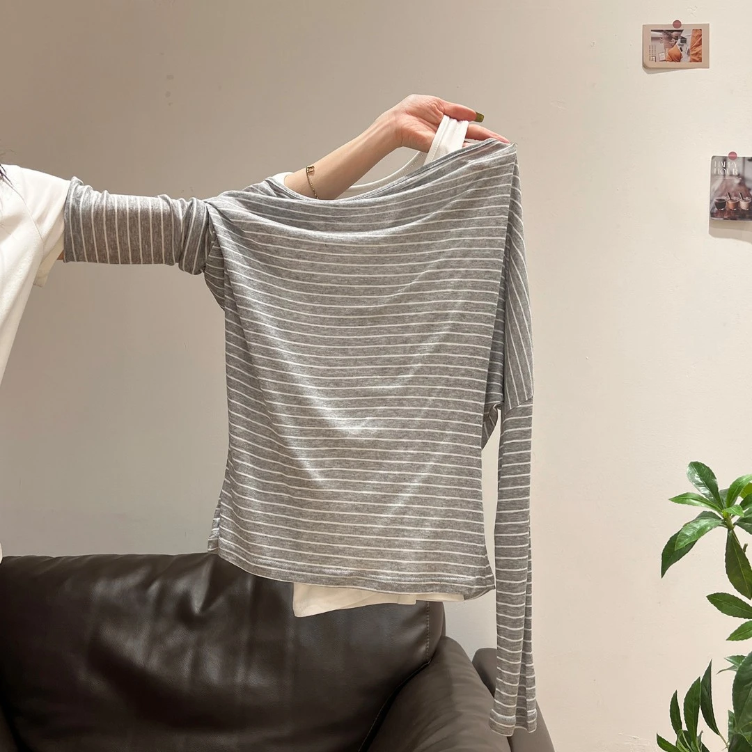 夏珍 撞色条纹长袖罩衫搭配背心吊带女2025秋宽松显瘦真两件上衣