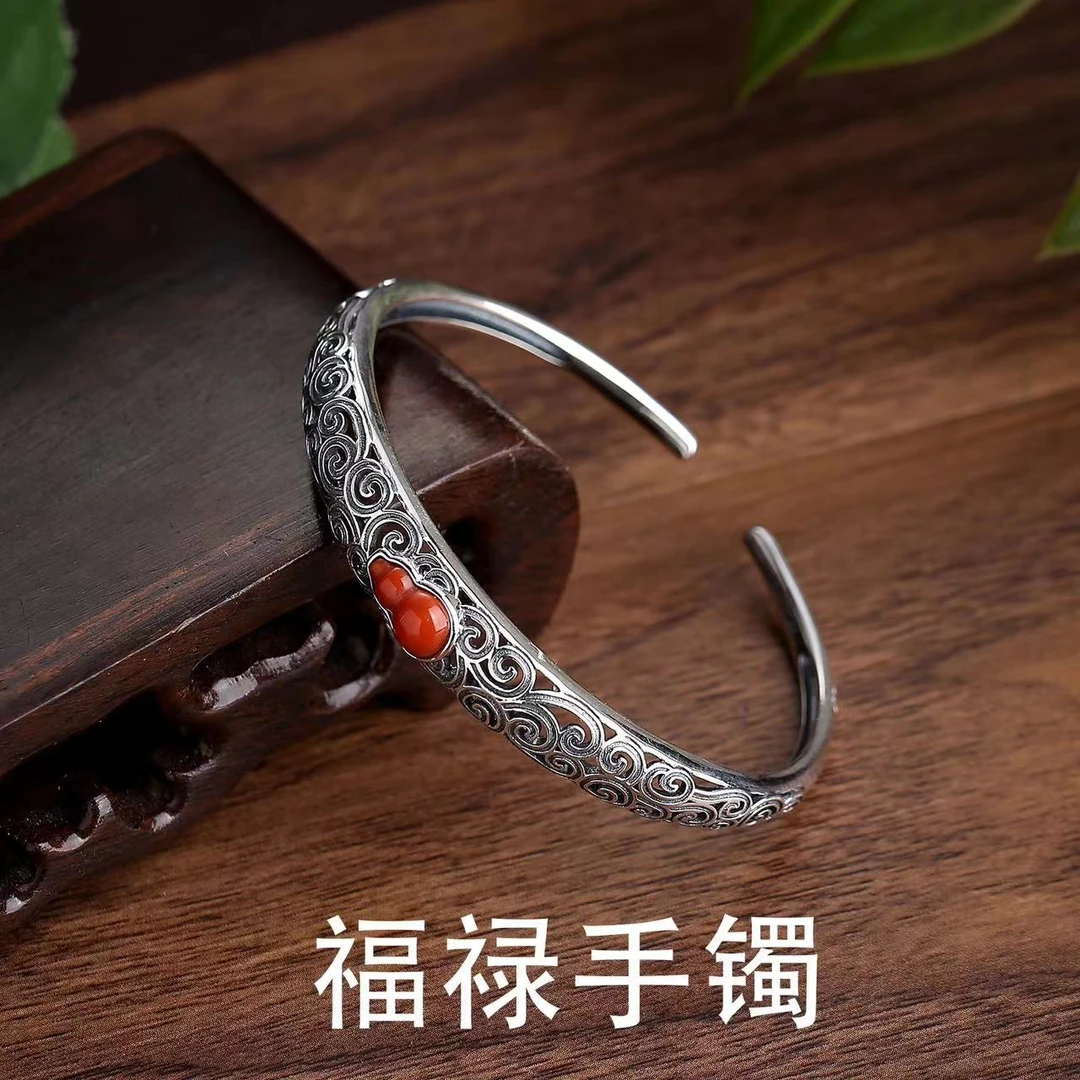 925银合成锆石手镯 【福禄手镯】柿子红银色高定设计师款S925银手镯