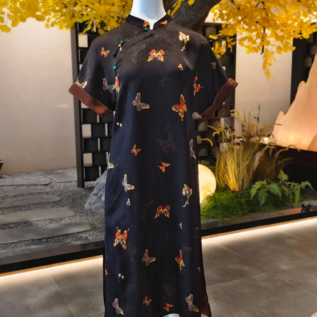 【觅蝶】2025新款夏季气质新中式国风裙子立领斜襟女装短袖连衣裙