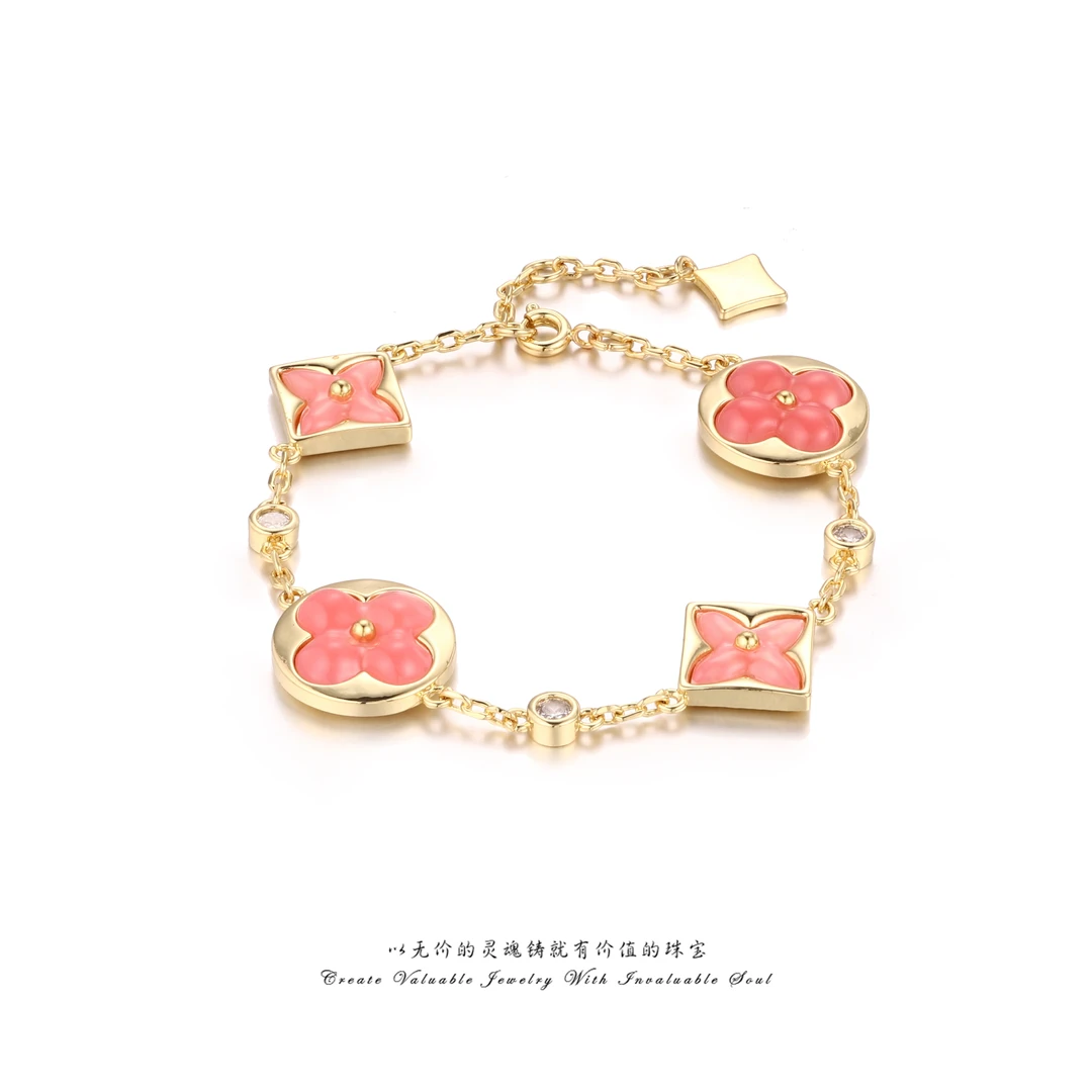 KindGem   粉色四叶幸运草时尚简约大气百搭优雅手链C-29116