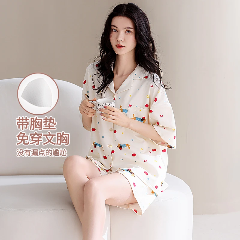 帕兰朵纯棉带胸垫睡衣女士夏季薄款短袖短裤开衫卡通家居服两件套