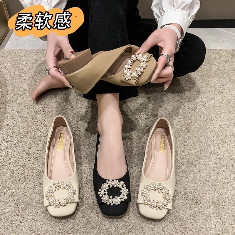 豆豆鞋2025春季新款韩版方头浅口时尚百搭舒适平底单鞋女黑色瓢鞋