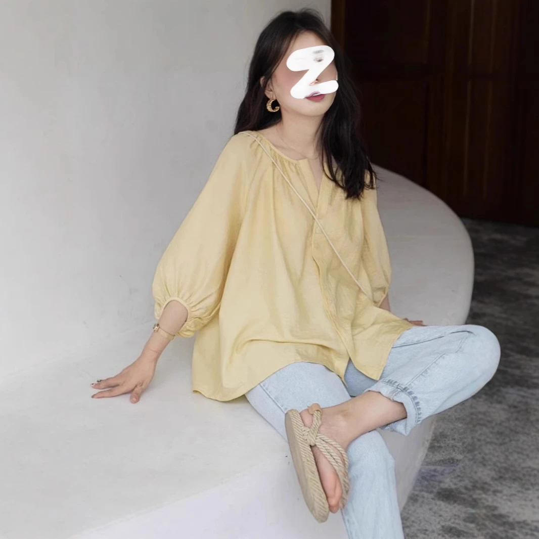 【优选推荐】黄色上衣高级感女夏季2025新款五分袖v领灯笼袖宽松v领