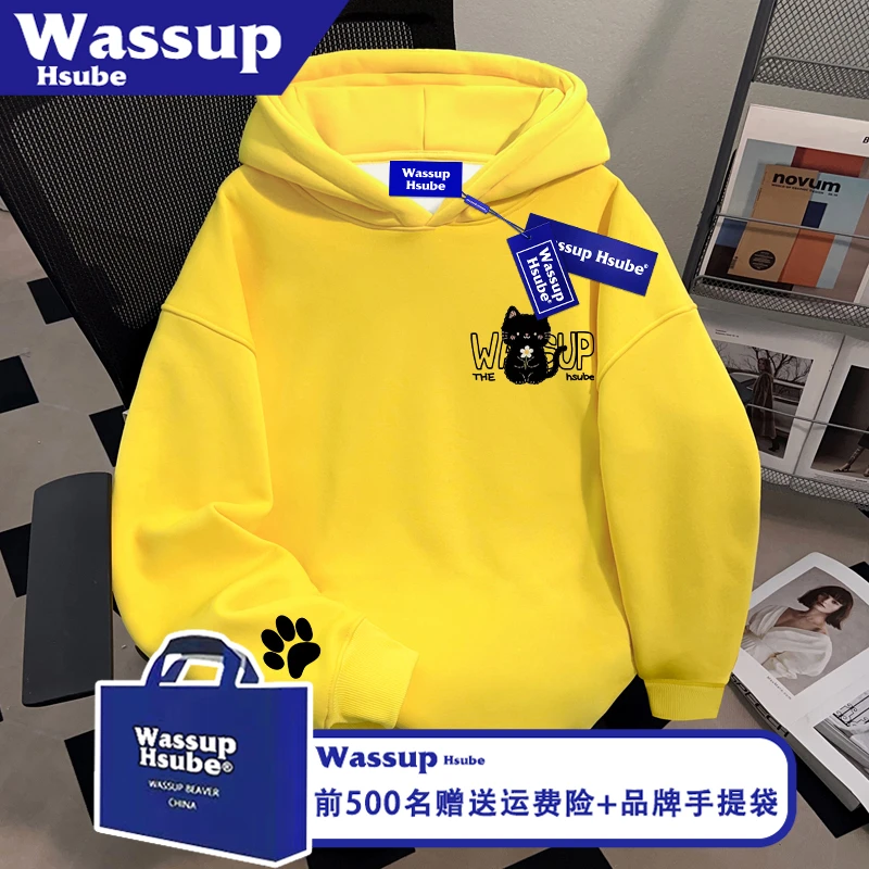 WASSUP HSUBE秋冬季黄色连帽套头卫衣黑猫脚印印花男女款美式上衣