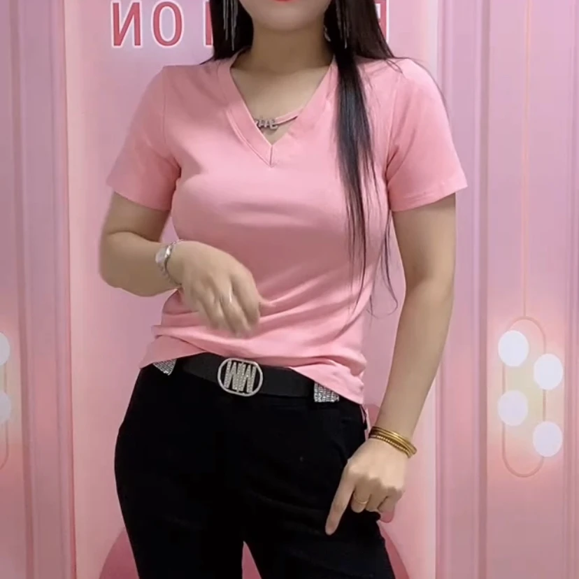 欧货V领时尚美背打底衫女洋气漂亮t恤2025夏装短袖套头修身上衣潮