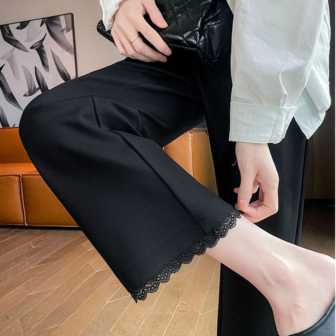 窄版阔腿裤女春秋小个子九分高腰蕾丝花边垂感显瘦百搭直筒休闲裤