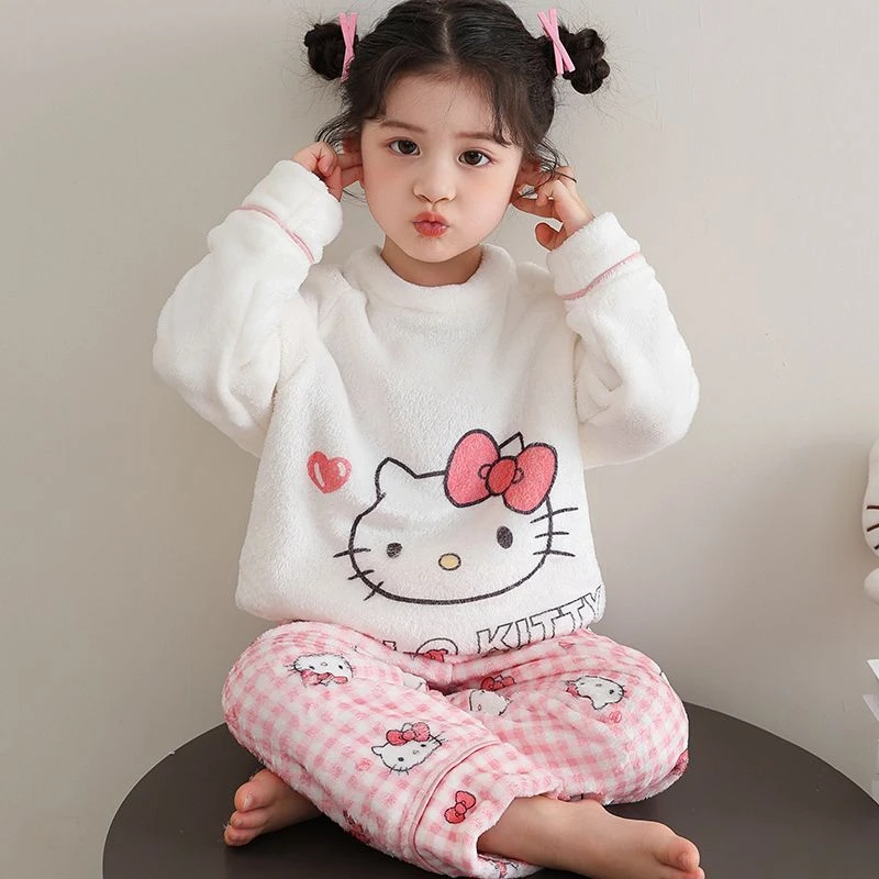 KT猫睡衣女童秋冬季加厚保暖法兰珊瑚绒小女孩中大儿童毛绒家居服