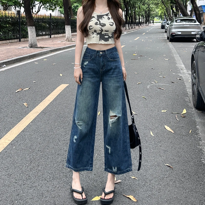 破洞设计感牛仔裤女秋季2025年薄新款高腰小个子宽松窄版直筒裤