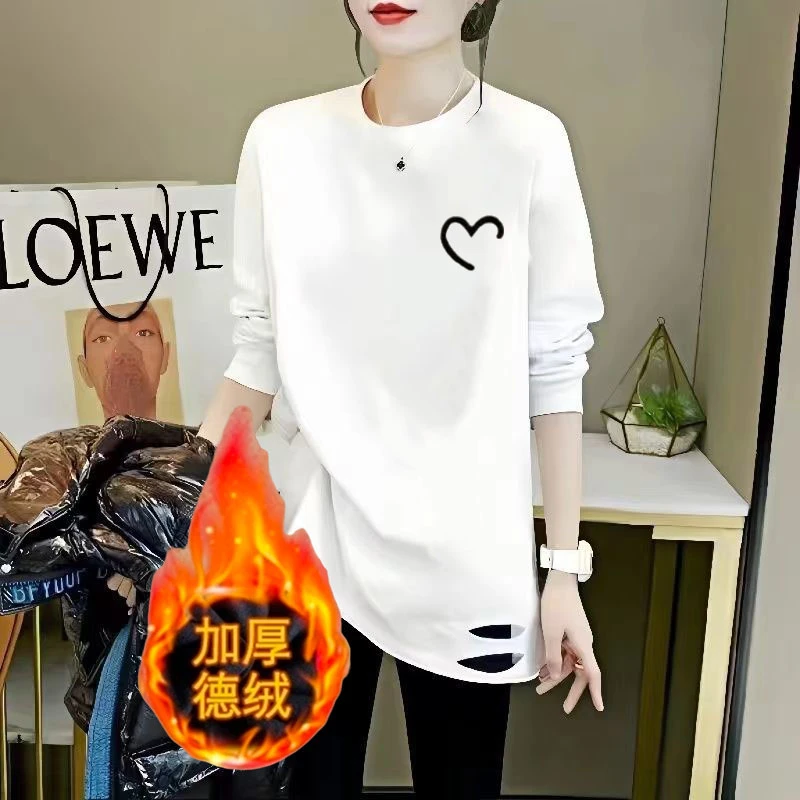 大码秋冬季圆领百搭中长款长袖打底宽松女款大码德绒加厚T恤长袖