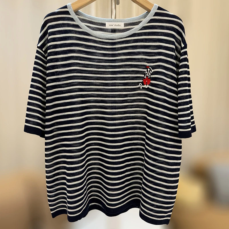 zaw胖妹妹大码女装卡通刺绣条纹针织衫胖mm上衣显瘦遮肉/25262