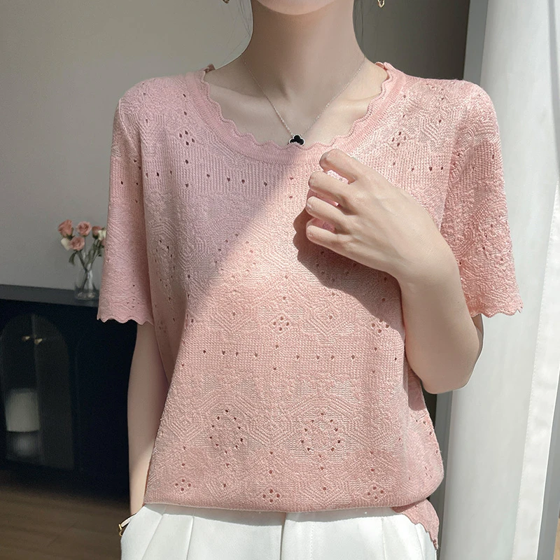 品牌夏季新款纯色圆领镂空提花针织衫短袖T恤衫上衣女
