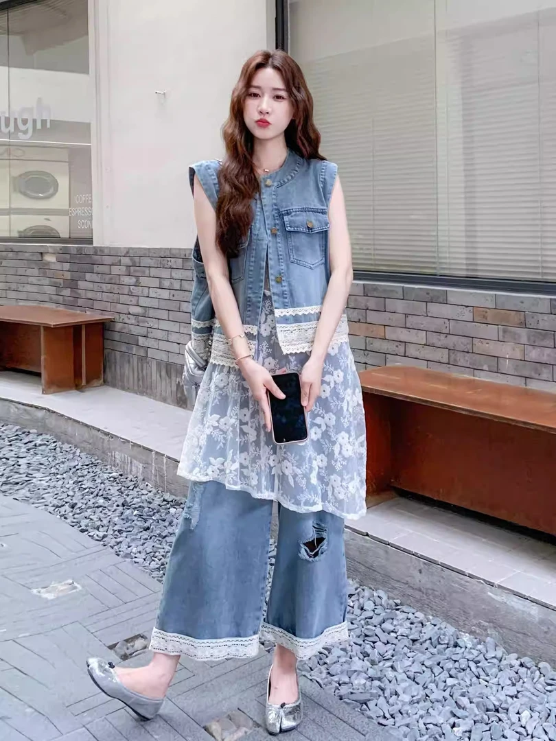 Y1319#港风做旧复古破洞牛仔套装女夏马甲蕾丝裙阔腿裤三件套
