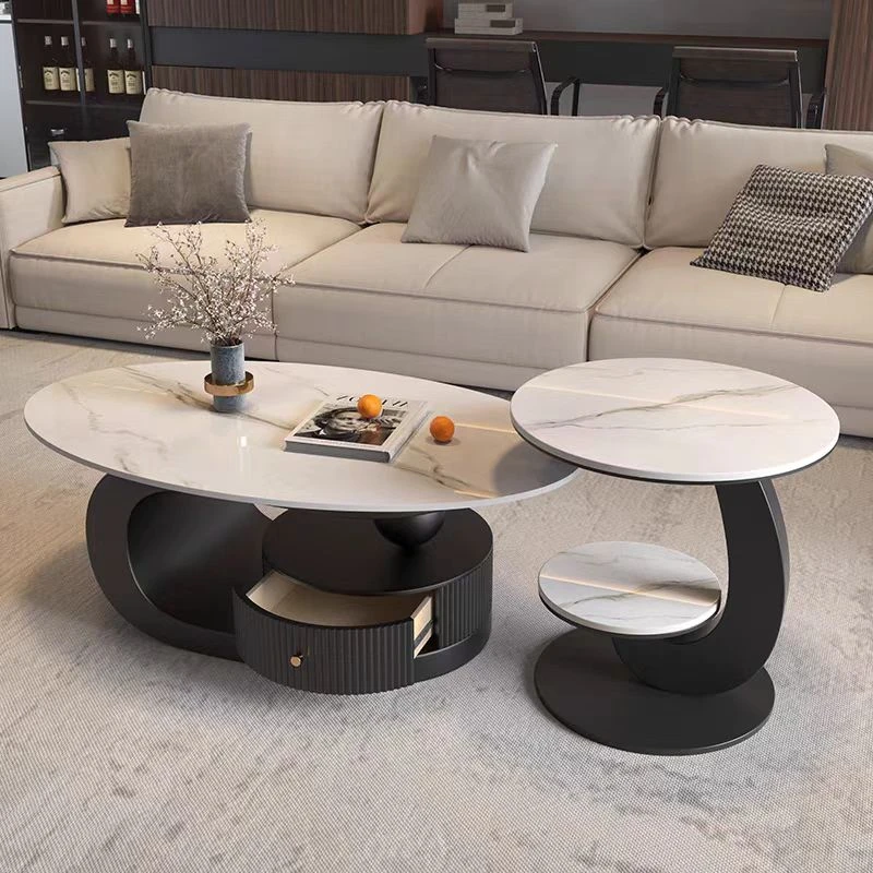 意式轻奢椭圆形耐刮耐磨岩板带抽屉茶几套装简约风小户型客厅茶几