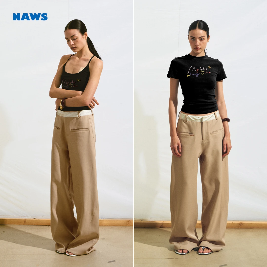 NAWS 糖果休闲裤 缎面拼接中腰抗皱拼接百搭修身复古直筒裤长裤