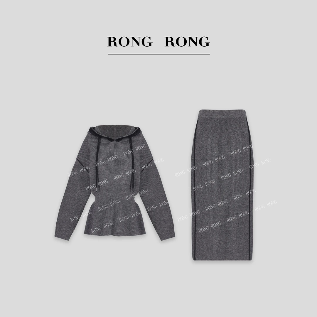 溶溶【星灰人鱼】RONGRONG 绵羊毛撞色收腰连帽针织套装C-S210630-1