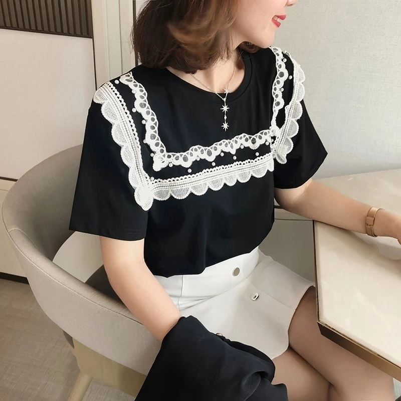 J260#钉珠蕾丝花边上衣女2025夏季韩版宽松显瘦百搭洋气短袖T恤女