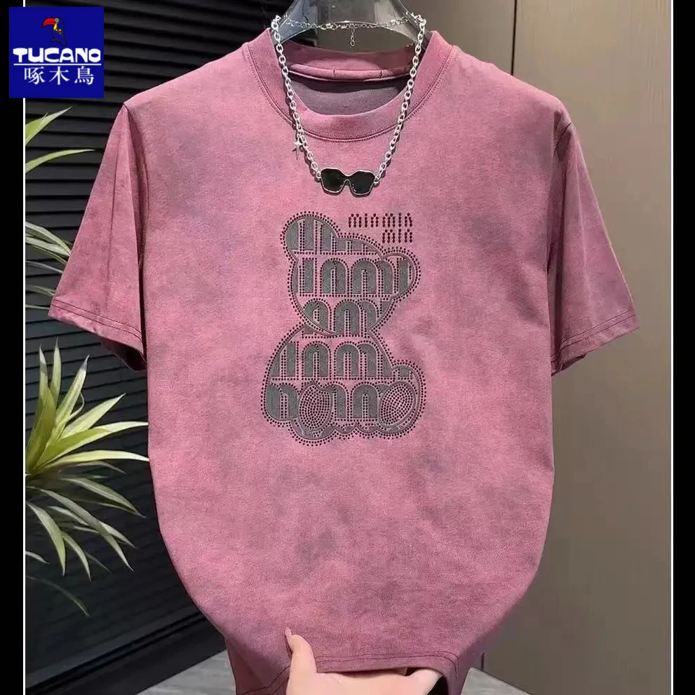 啄木鸟2025新款轻奢扎染烫钻印花短袖夏季男士潮流休闲半袖百搭印