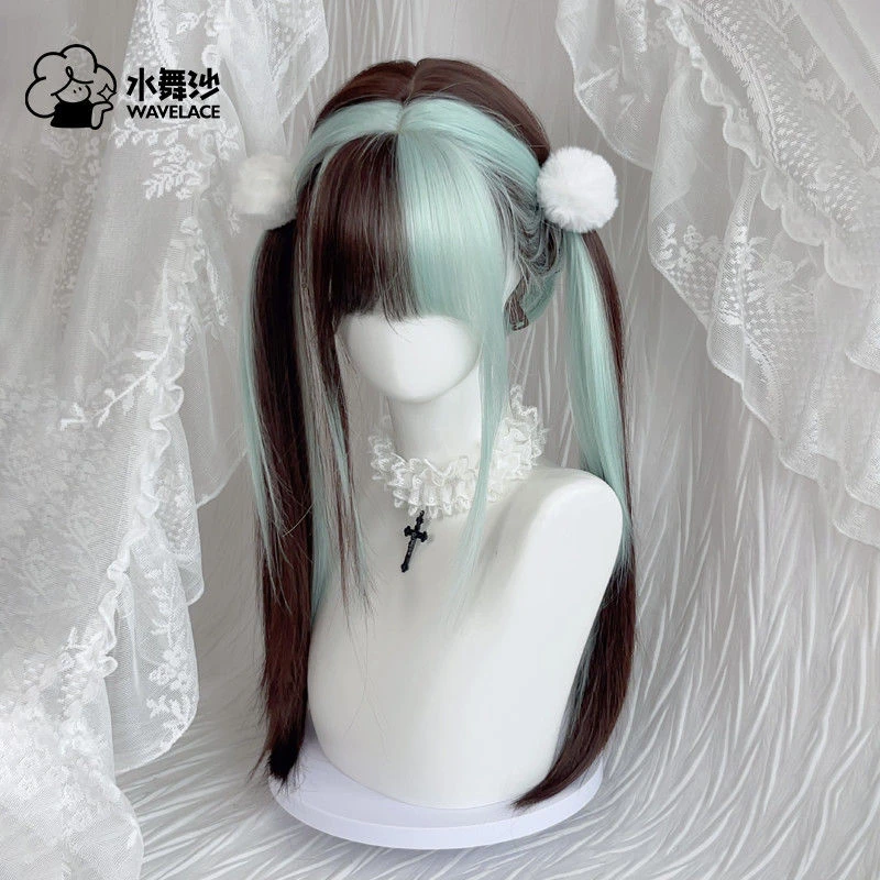 【薄荷甜巧】水舞沙假发女全头套薄荷绿挑染棕色长直发仿真假发套