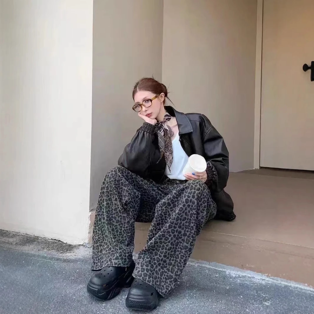 欧美水洗风直筒vibe春秋牛仔裤长裤子宽松男女同款做旧高街豹纹